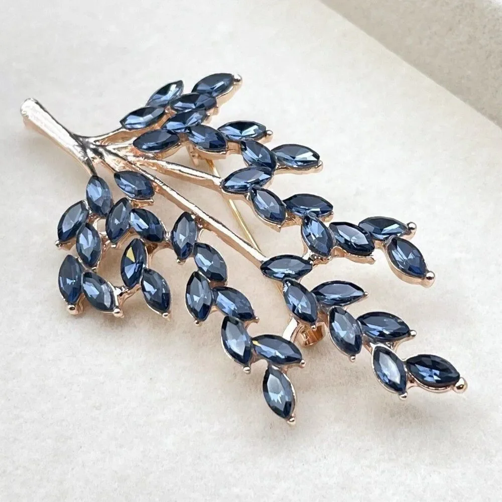 Rose Gold with Blue Sapphire Crystal Tree Branch with Leaves Pin Back Brooch